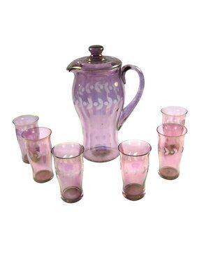 Vintage Amethyst Glass Pitcher Lid Juice Glasses Set 8 Etched Flowers